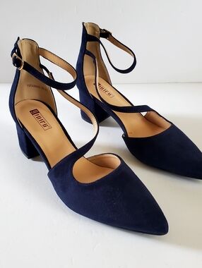 Idifu Women’s Navy Suede Ankle-Strap Block Heel Pumps Size 8.5